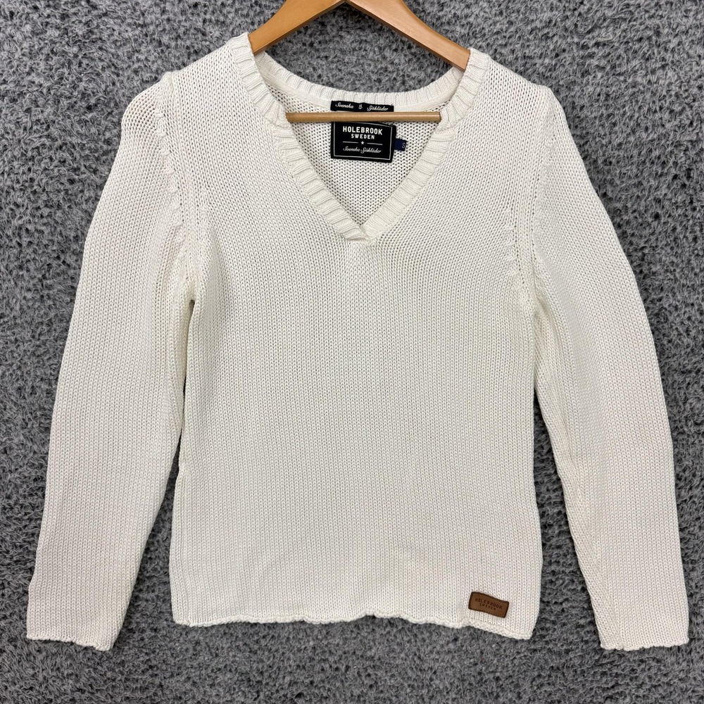 Holebrook Sweden Sweater Womens Small White V Neck Cotton Knit Pullover